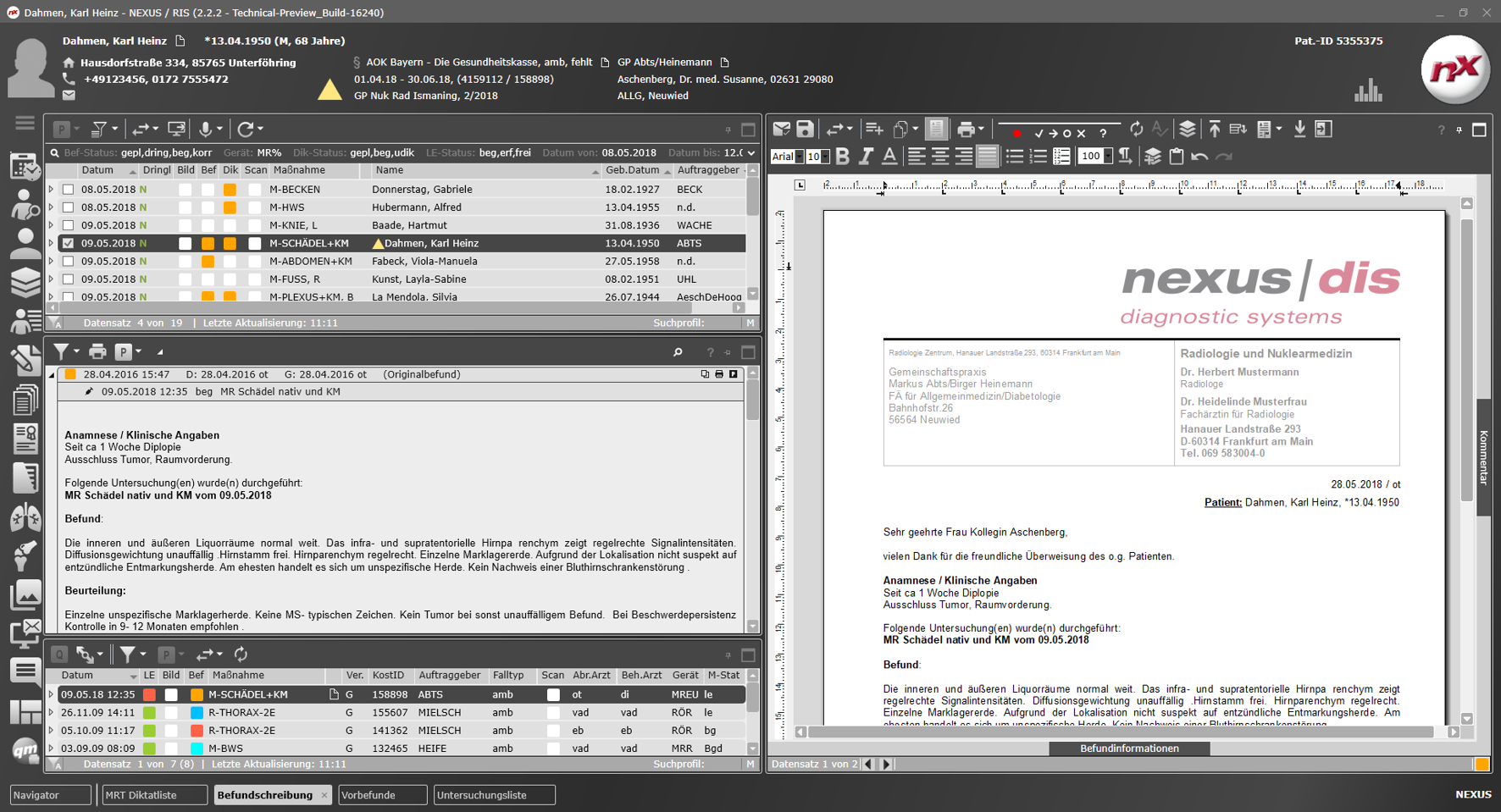 Workspace mit der integrierten Befundschreibung